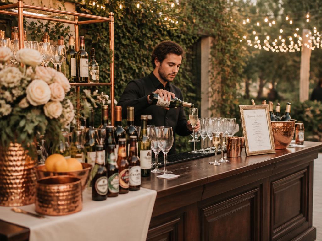 A beautifully stocked premium wedding bar with copper accents and fairy lights