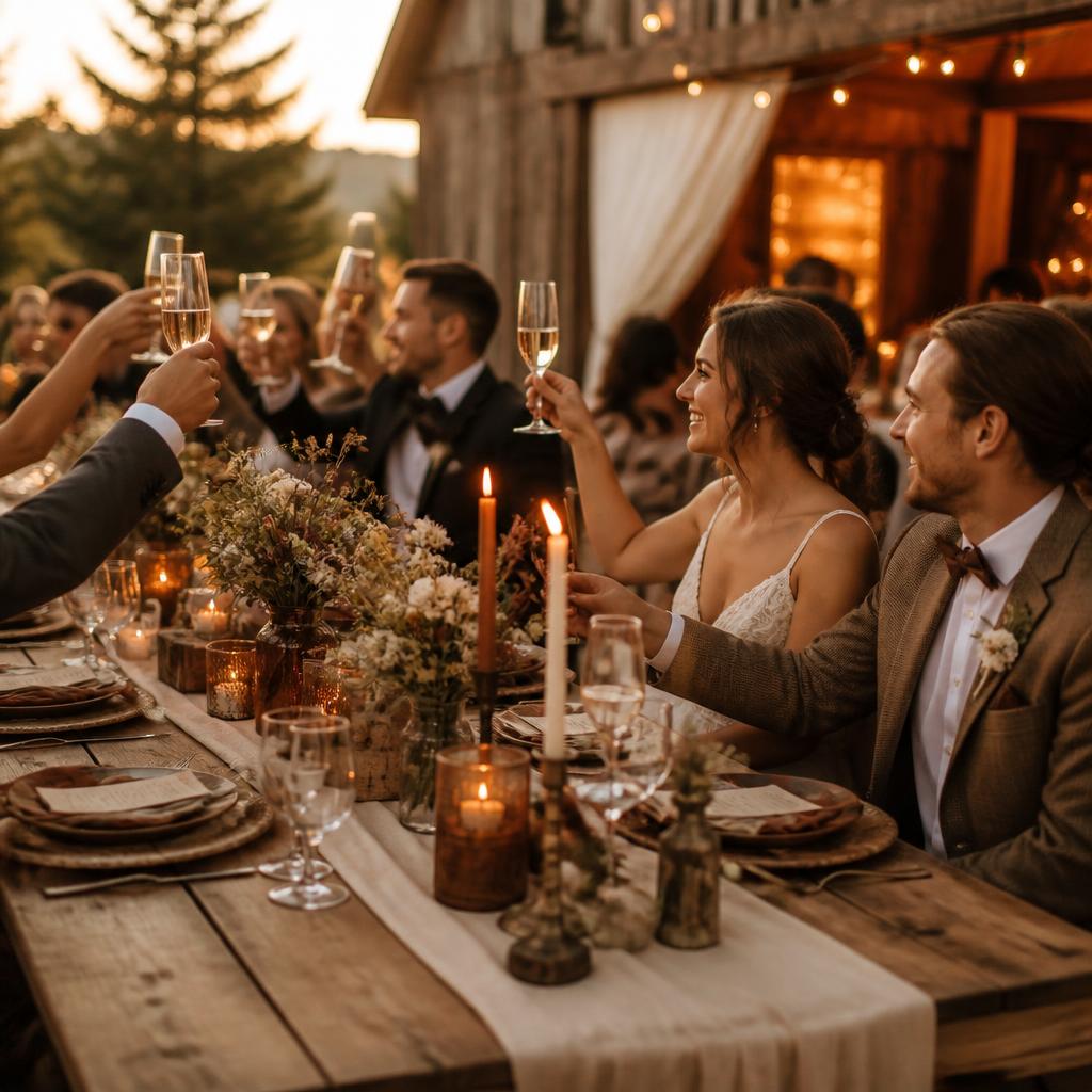 Rustic wedding celebration with guests raising a toast