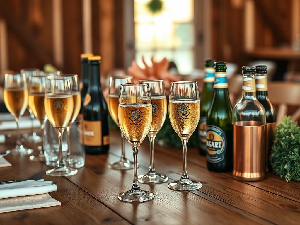 Pre-poured Prosecco and bottled beers ready on a wooden table