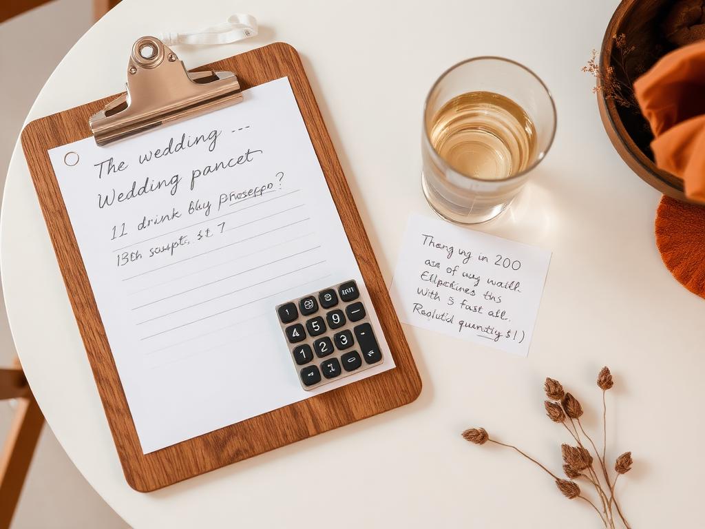 Rustic clipboard with a calculator and wedding drink planning notes