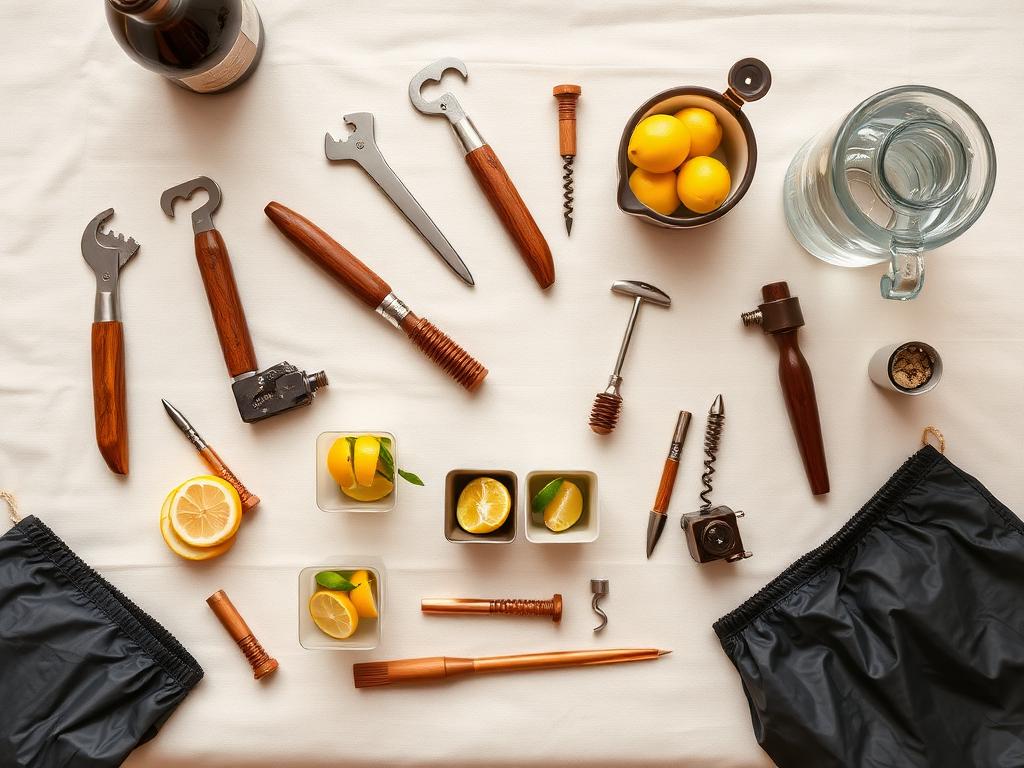 Bar survival kit flat lay with bottle openers, corkscrews, garnishes, and water jugs