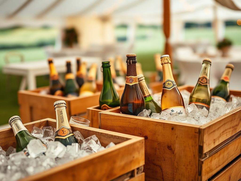 Pre-Sorted Bar Boxes packed with ice and chilled bottles at a marquee wedding