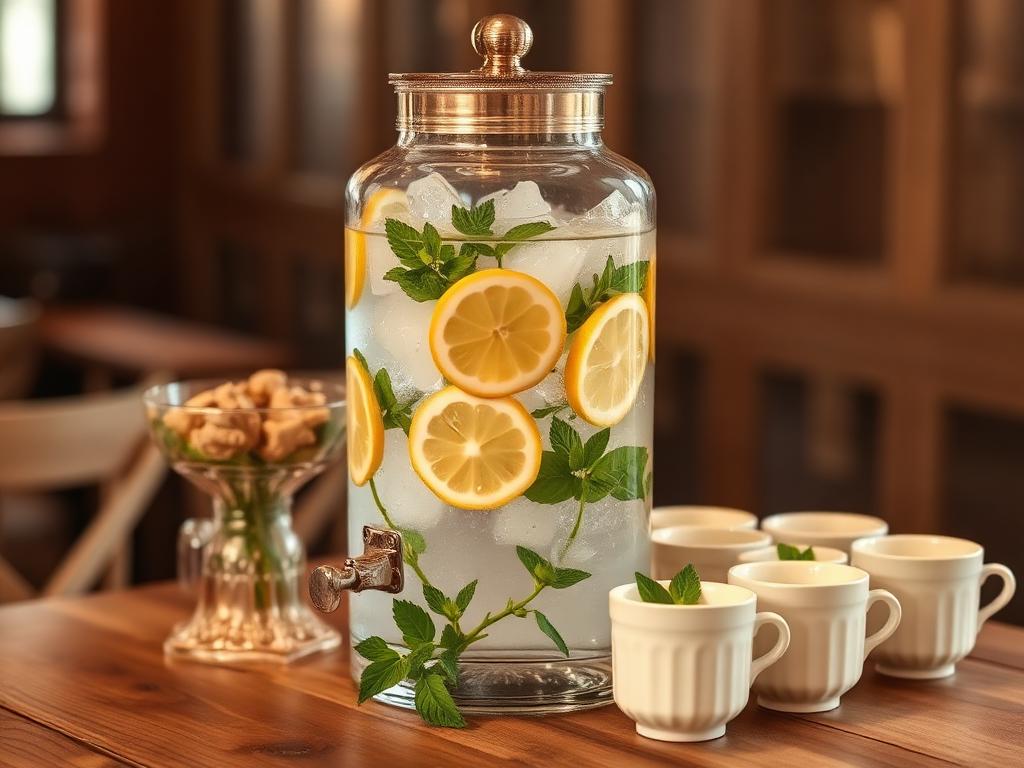 Glass water dispenser with lemon and mint surrounded by cream cups