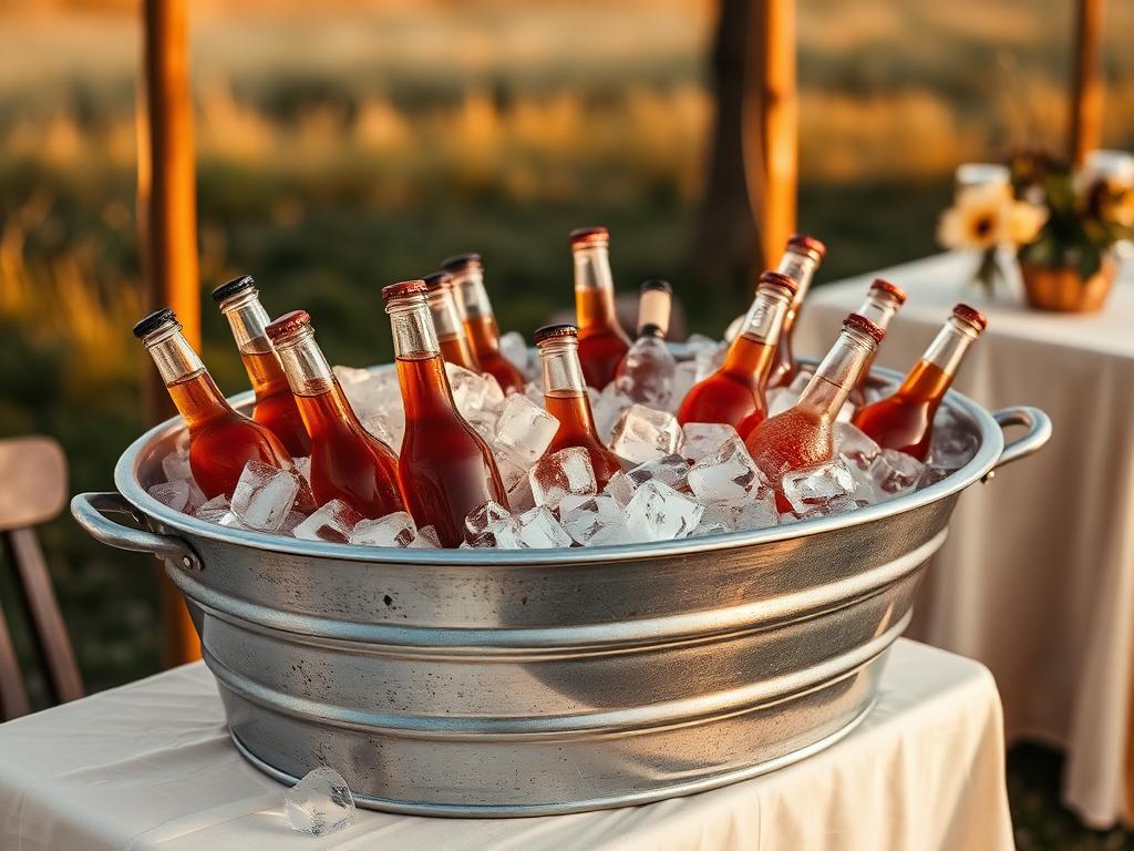 Galvanized metal ice tub filled with bottles at a rustic wedding